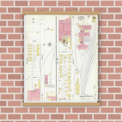 Old map wall art mockup — magnetic wood frame on brick wall — Sanborn Fire Insurance Map from Adrian, Lenawee County, Michigan (1908), Sheet #0021