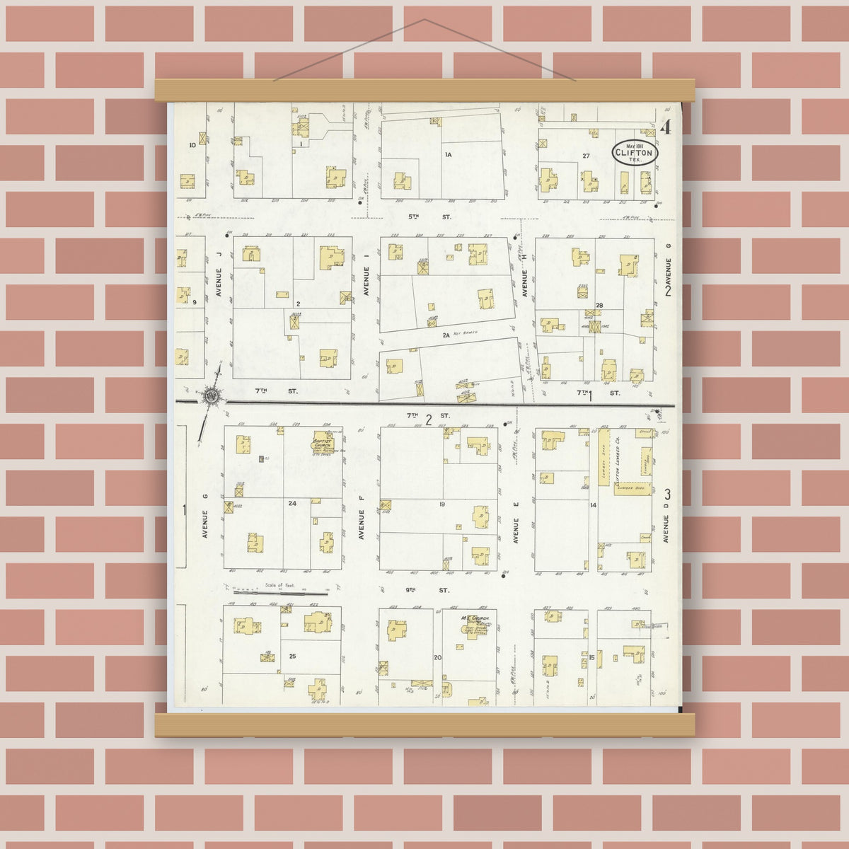 Old map wall art mockup — magnetic wood frame on brick wall — Sanborn Fire Insurance Map from Clifton, Bosque County, Texas (1911), Sheet #0004