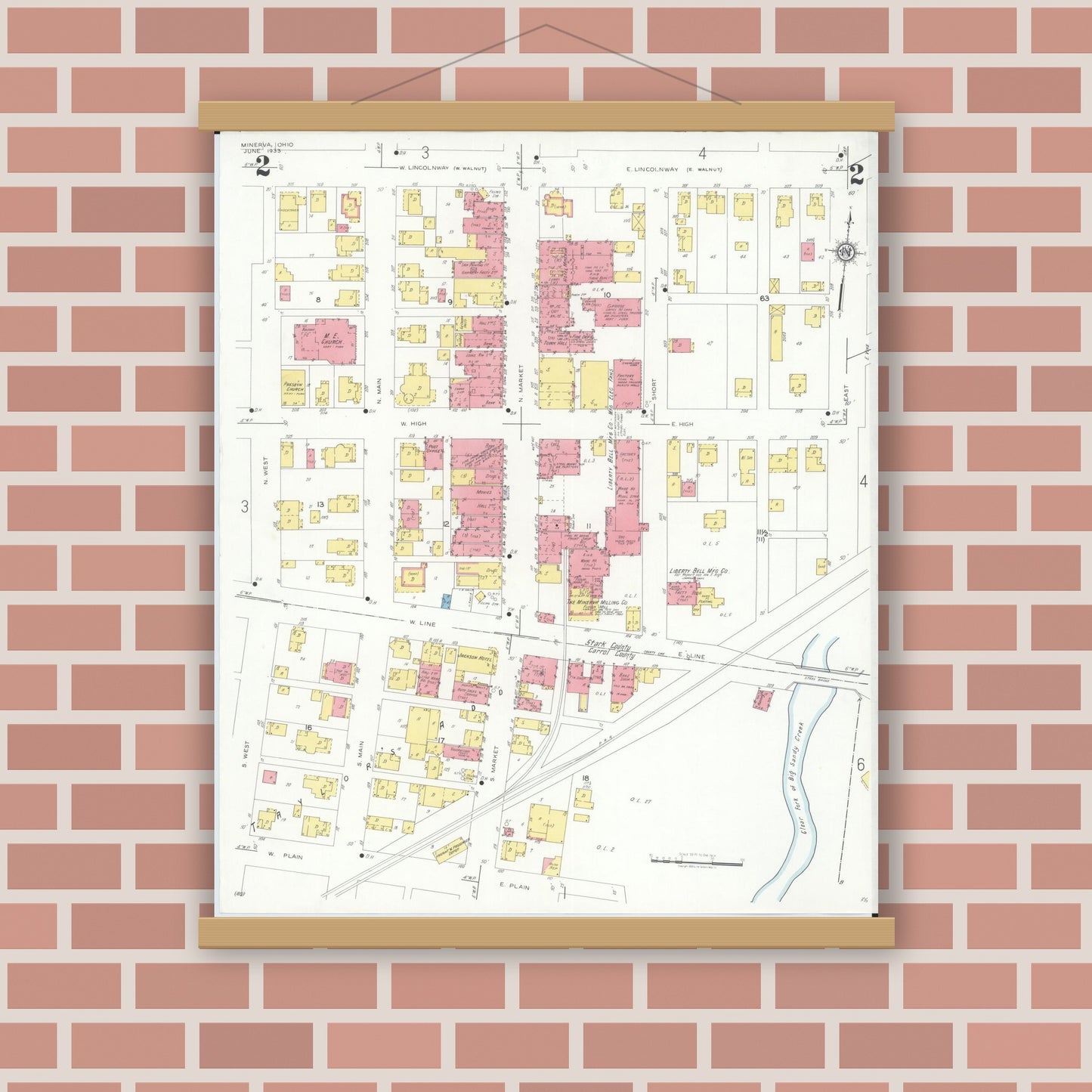 Old map wall art mockup — magnetic wood frame on brick wall — Sanborn Fire Insurance Map from Minerva, Stark And Carroll Counties, Ohio (1933), Sheet #0002
