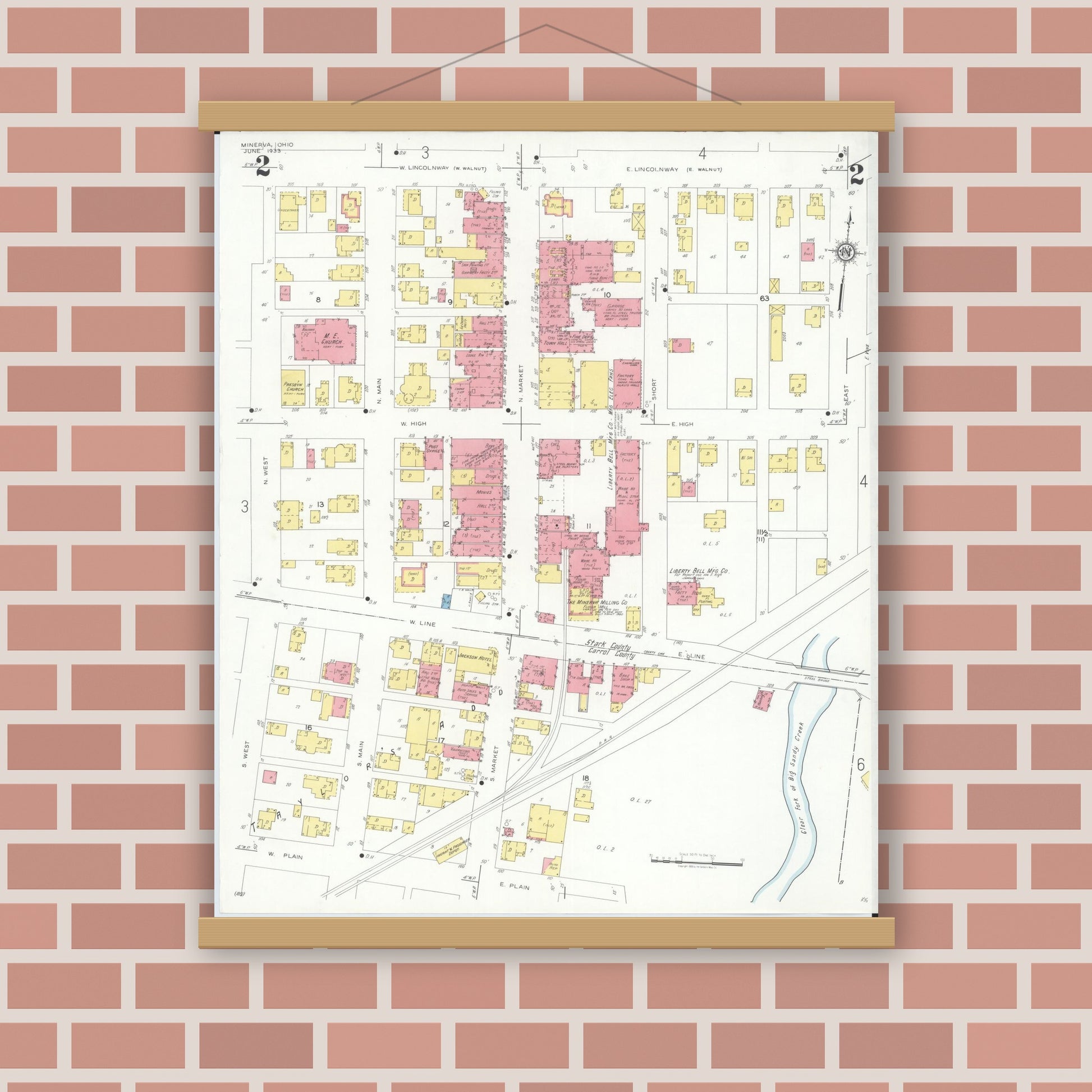 Old map wall art mockup — magnetic wood frame on brick wall — Sanborn Fire Insurance Map from Minerva, Stark And Carroll Counties, Ohio (1933), Sheet #0002
