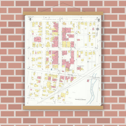 Old map wall art mockup — magnetic wood frame on brick wall — Sanborn Fire Insurance Map from Minerva, Stark And Carroll Counties, Ohio (1933), Sheet #0002