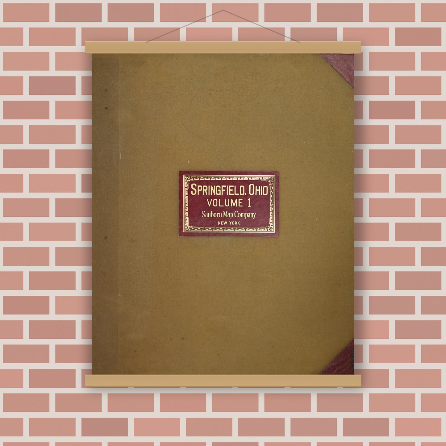 Old map wall art mockup — magnetic wood frame on brick wall — Sanborn Fire Insurance Map from Springfield, Clark County, Ohio (1950), Sheet #0001