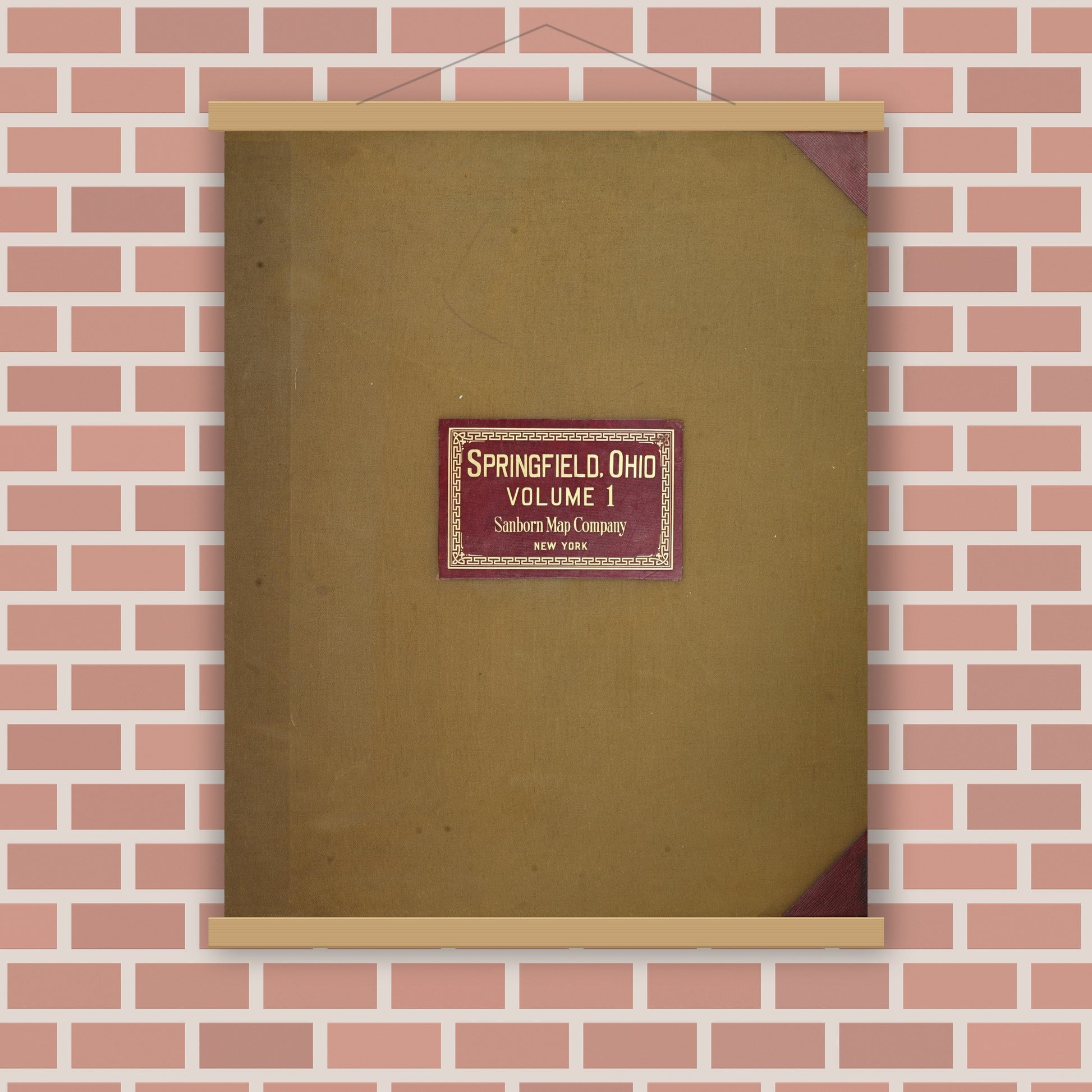 Old map wall art mockup — magnetic wood frame on brick wall — Sanborn Fire Insurance Map from Springfield, Clark County, Ohio (1950), Sheet #0001