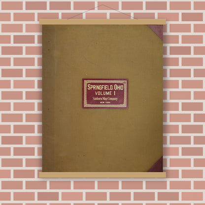 Old map wall art mockup — magnetic wood frame on brick wall — Sanborn Fire Insurance Map from Springfield, Clark County, Ohio (1950), Sheet #0001
