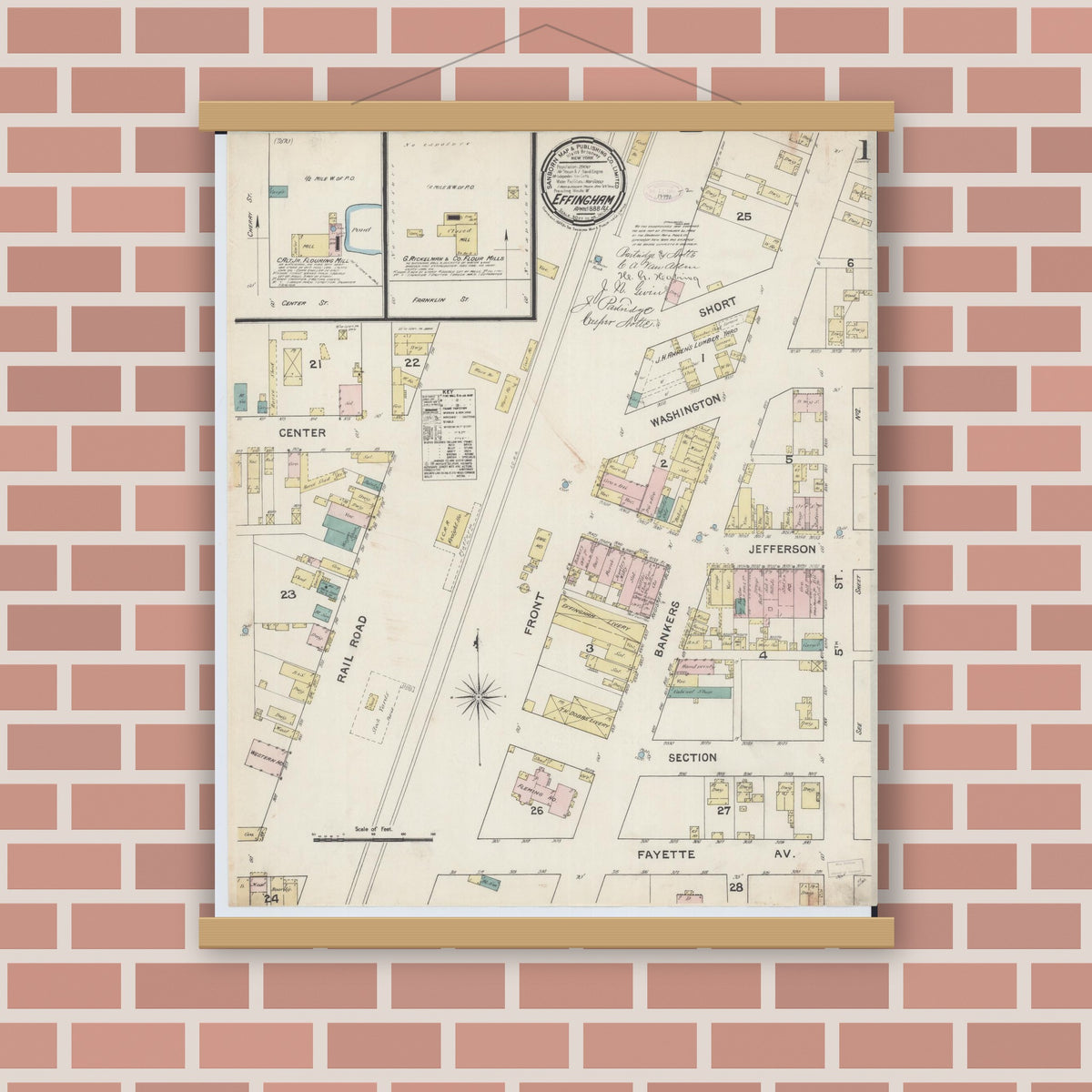 Old map wall art mockup — magnetic wood frame on brick wall — Sanborn Fire Insurance Map from Effingham, Effingham County, Illinois (1888) - Complete Map Set