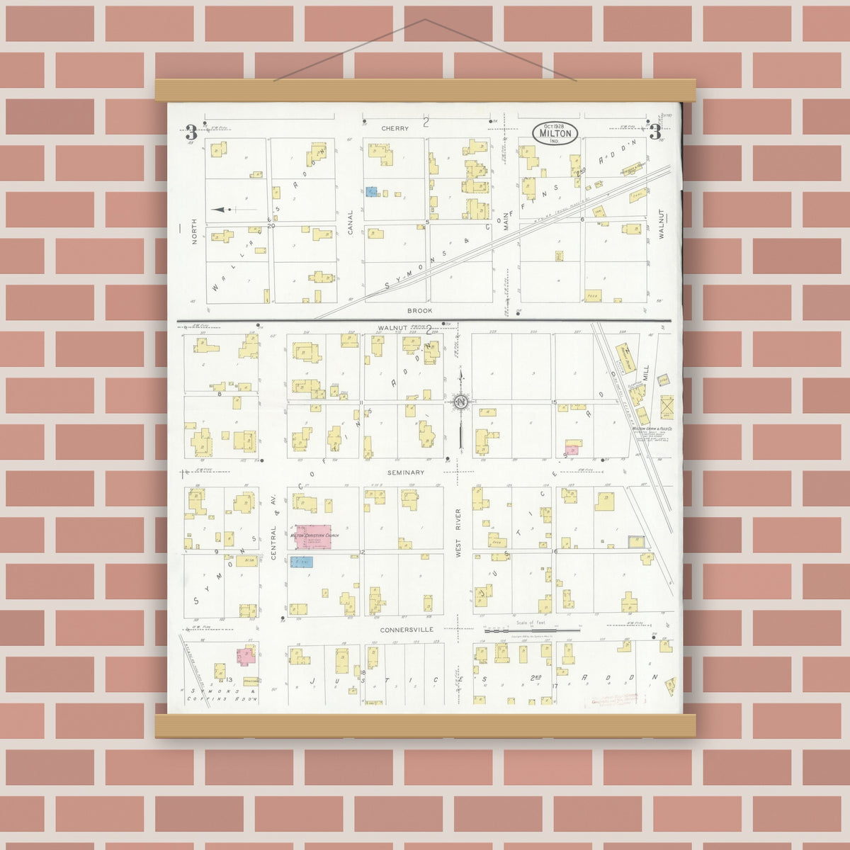Old map wall art mockup — magnetic wood frame on brick wall — Sanborn Fire Insurance Map from Milton, Wayne County, Indiana (1928), Sheet #0003