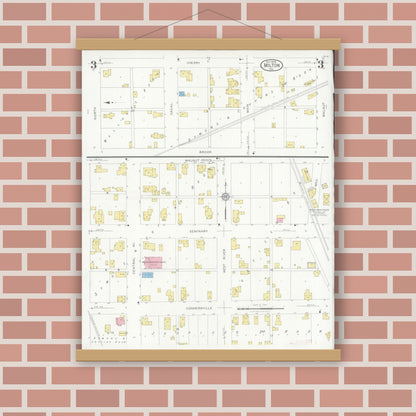 Old map wall art mockup — magnetic wood frame on brick wall — Sanborn Fire Insurance Map from Milton, Wayne County, Indiana (1928), Sheet #0003