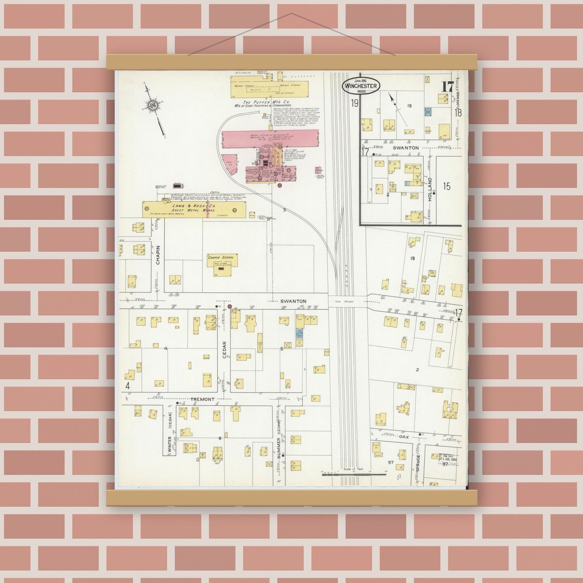 Old map wall art mockup — magnetic wood frame on brick wall — Sanborn Fire Insurance Map from Winchester, Middlesex County, Massachusetts (1916), Sheet #0017