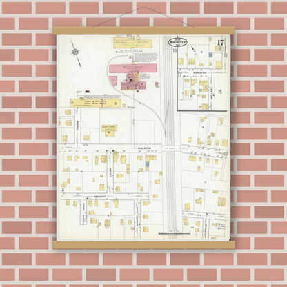 Old map wall art mockup — magnetic wood frame on brick wall — Sanborn Fire Insurance Map from Winchester, Middlesex County, Massachusetts (1916), Sheet #0017