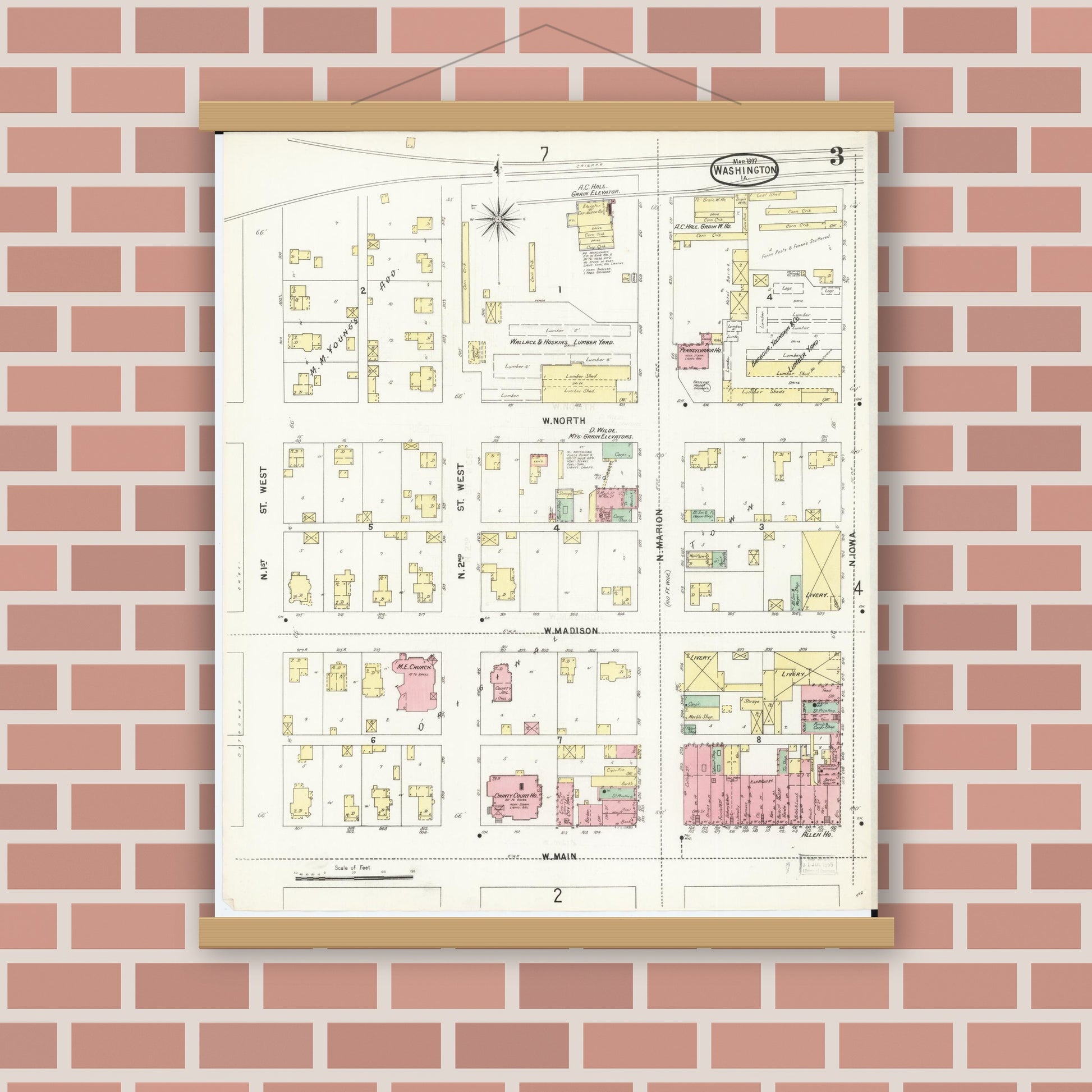 Old map wall art mockup — magnetic wood frame on brick wall — Sanborn Fire Insurance Map from Washington, Washington County, Iowa (1897), Sheet #0003