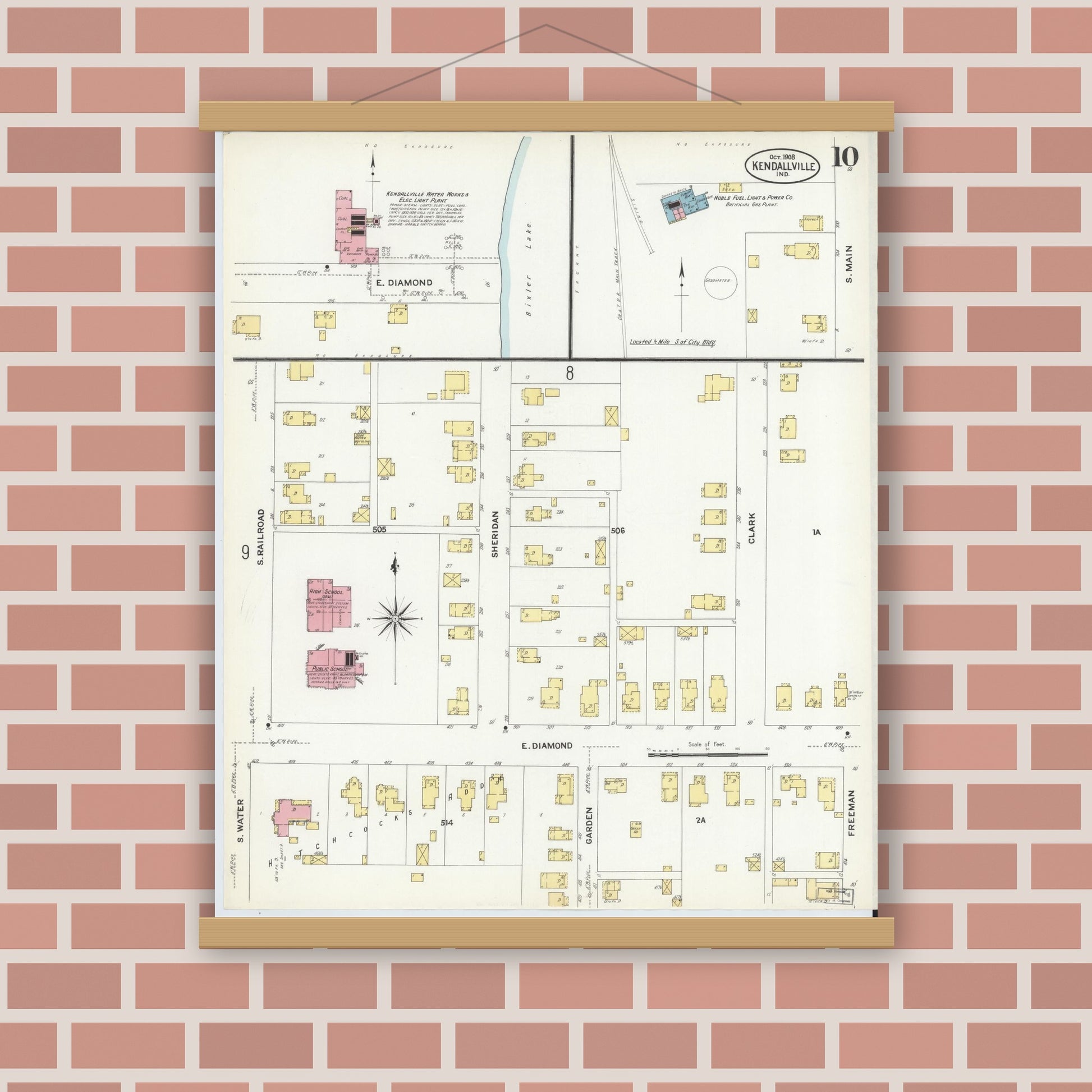 Old map wall art mockup — magnetic wood frame on brick wall — Sanborn Fire Insurance Map from Kendallville, Noble County, Indiana (1908), Sheet #0010