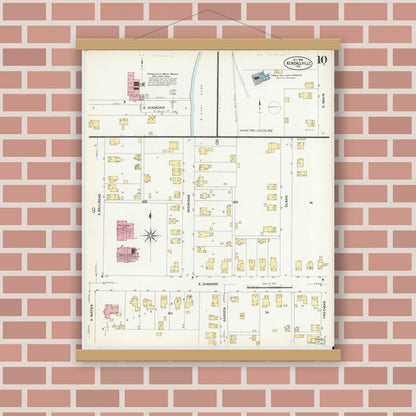 Old map wall art mockup — magnetic wood frame on brick wall — Sanborn Fire Insurance Map from Kendallville, Noble County, Indiana (1908), Sheet #0010