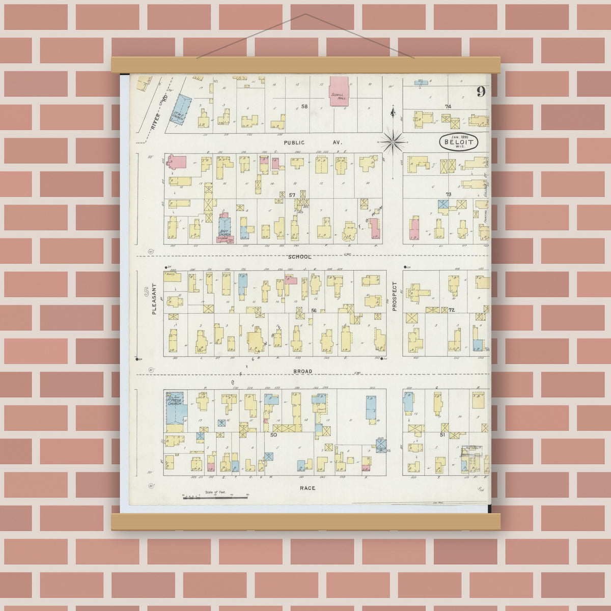 Old map wall art mockup — magnetic wood frame on brick wall — Sanborn Fire Insurance Map from Beloit, Rock County, Wisconsin (1895), Sheet #0009