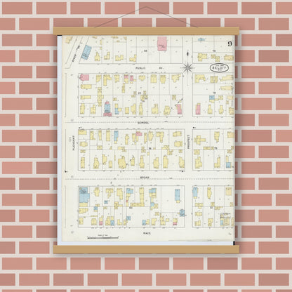 Old map wall art mockup — magnetic wood frame on brick wall — Sanborn Fire Insurance Map from Beloit, Rock County, Wisconsin (1895), Sheet #0009