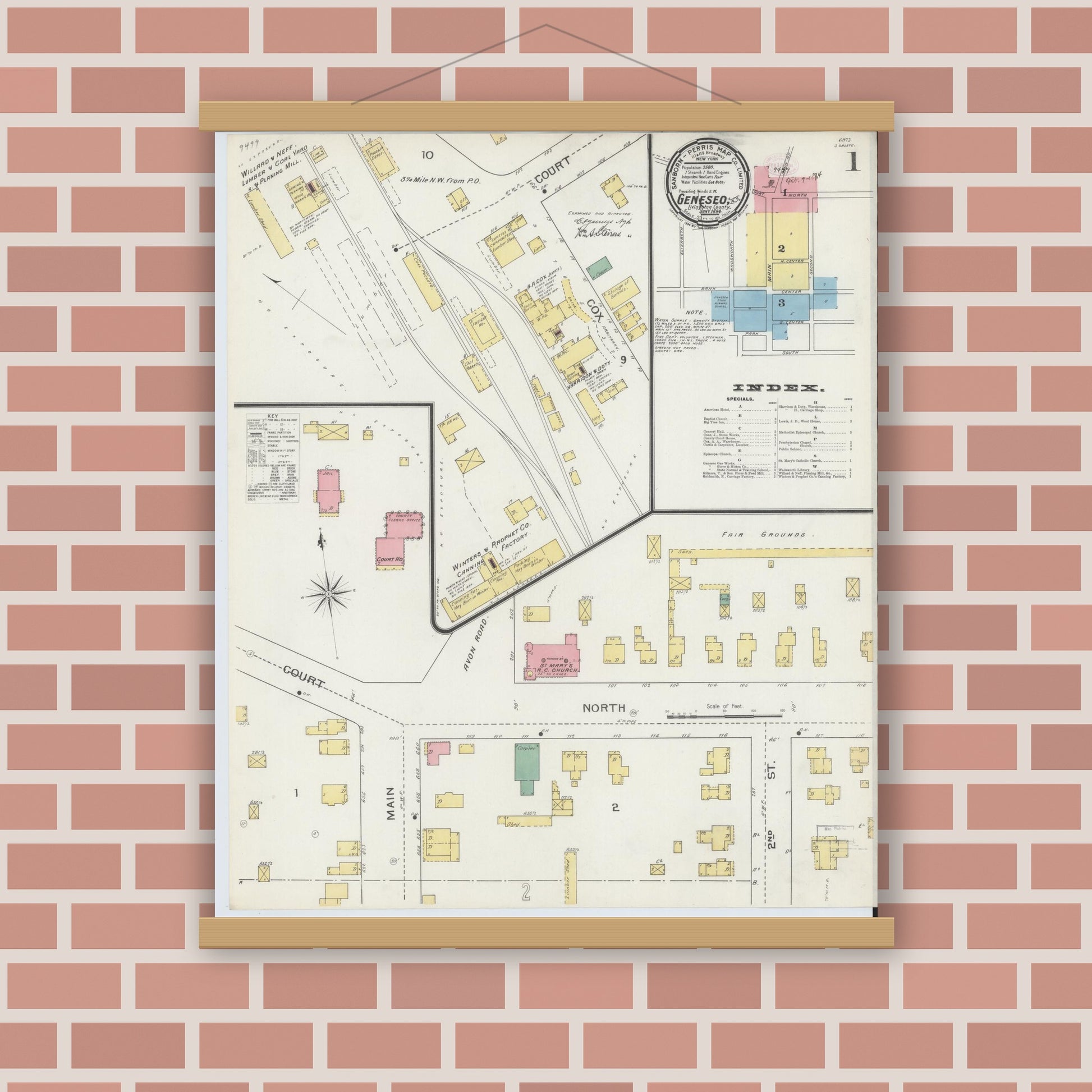 Old map wall art mockup — magnetic wood frame on brick wall — Sanborn Fire Insurance Map from Geneseo, Livingston County, New York (1894), Sheet #0001