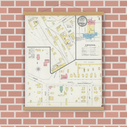 Old map wall art mockup — magnetic wood frame on brick wall — Sanborn Fire Insurance Map from Geneseo, Livingston County, New York (1894), Sheet #0001