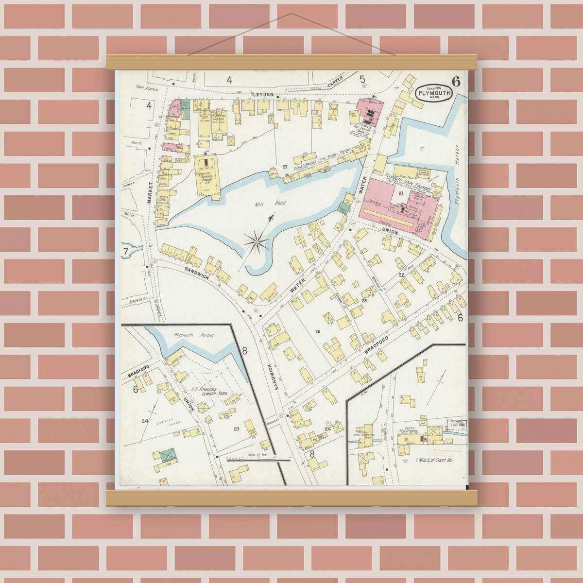 Old map wall art mockup — magnetic wood frame on brick wall — Sanborn Fire Insurance Map from Plymouth, Plymouth County, Massachusetts (1896), Sheet #0006