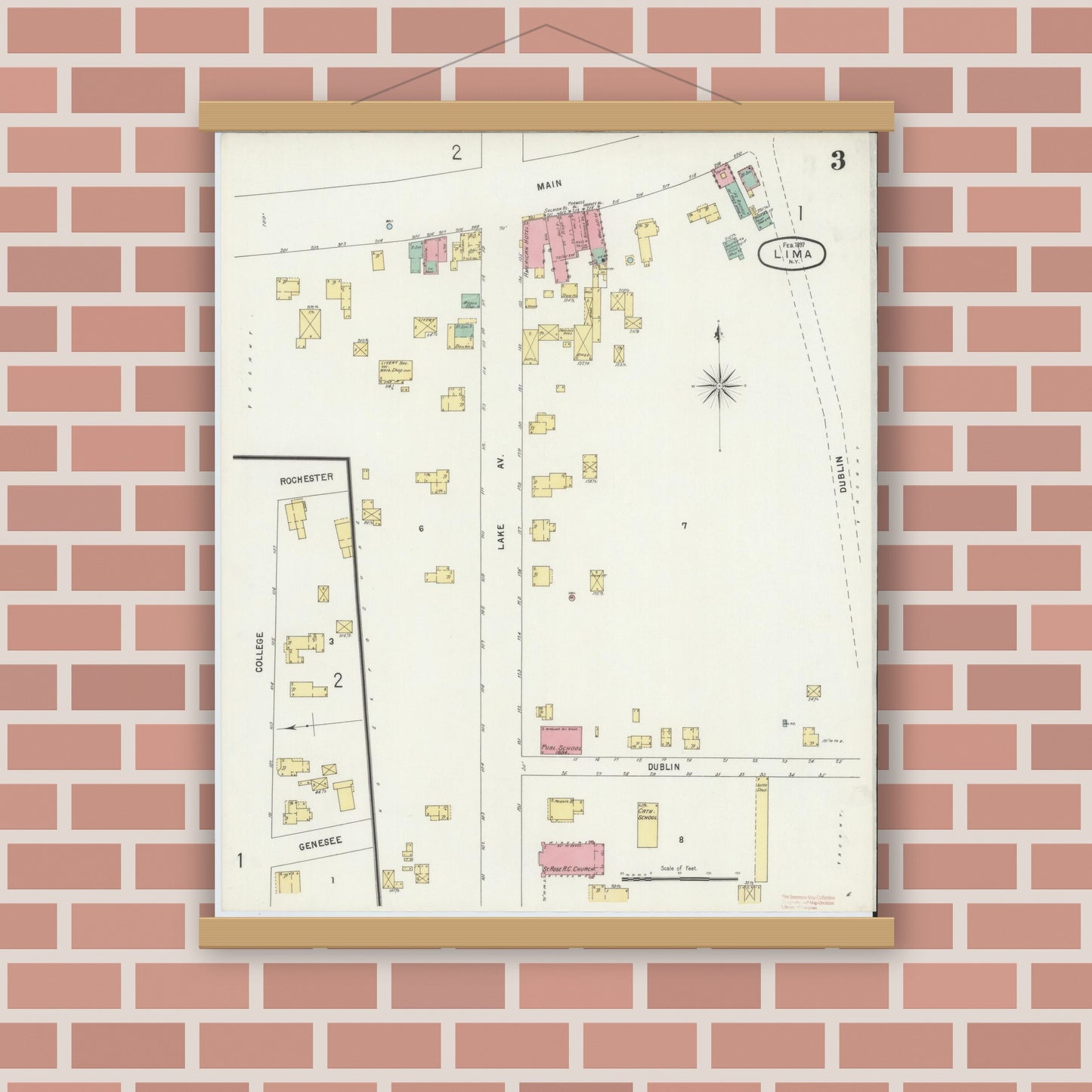 Old map wall art mockup — magnetic wood frame on brick wall — Sanborn Fire Insurance Map from Lima, Livingston County, New York (1897), Sheet #0003