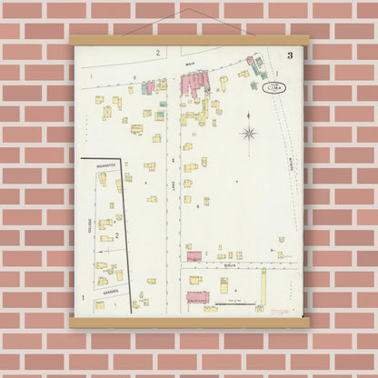 Old map wall art mockup — magnetic wood frame on brick wall — Sanborn Fire Insurance Map from Lima, Livingston County, New York (1897), Sheet #0003