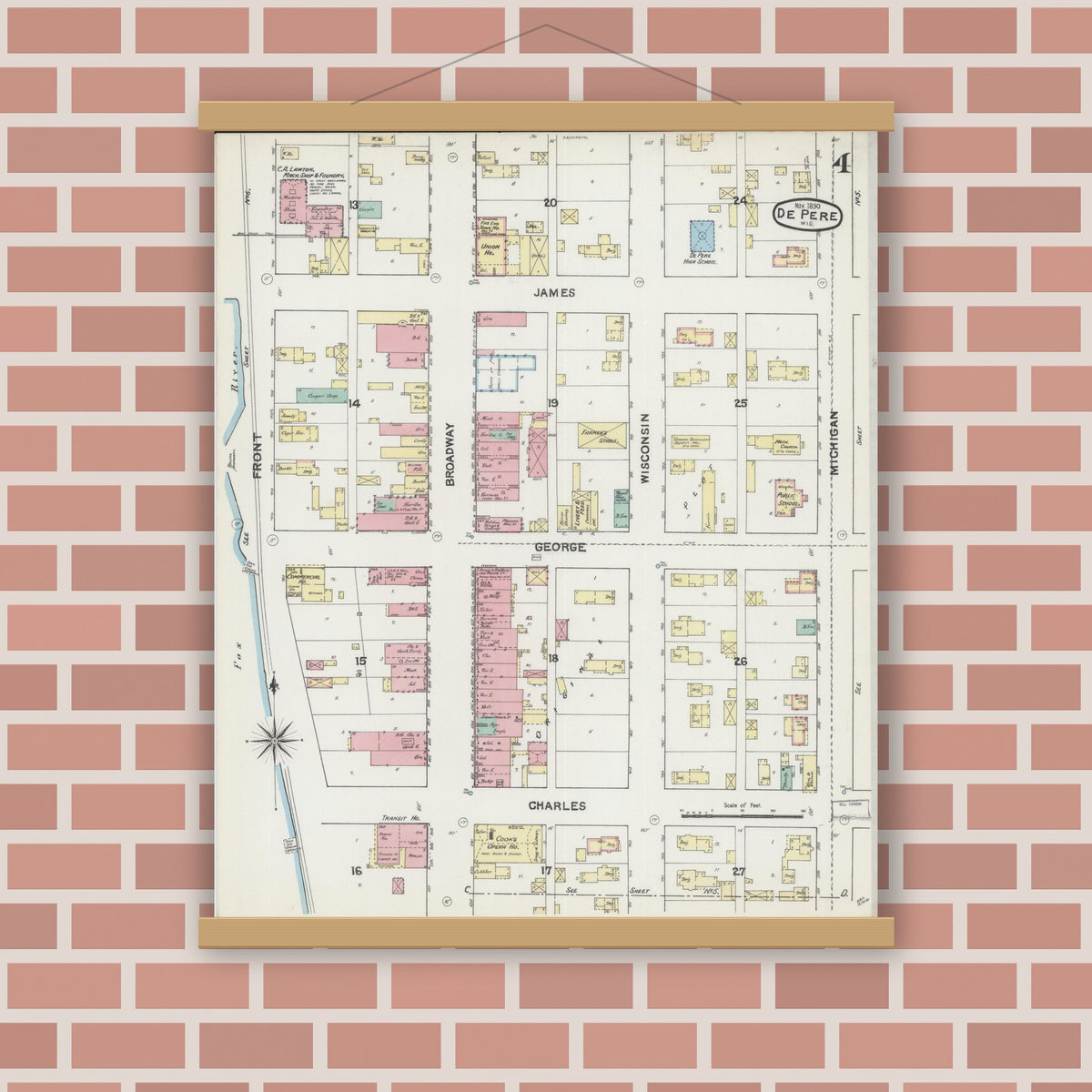 Old map wall art mockup — magnetic wood frame on brick wall — Sanborn Fire Insurance Map from De Pere, Brown County, Wisconsin (1890), Sheet #0004