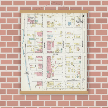 Old map wall art mockup — magnetic wood frame on brick wall — Sanborn Fire Insurance Map from De Pere, Brown County, Wisconsin (1890), Sheet #0004