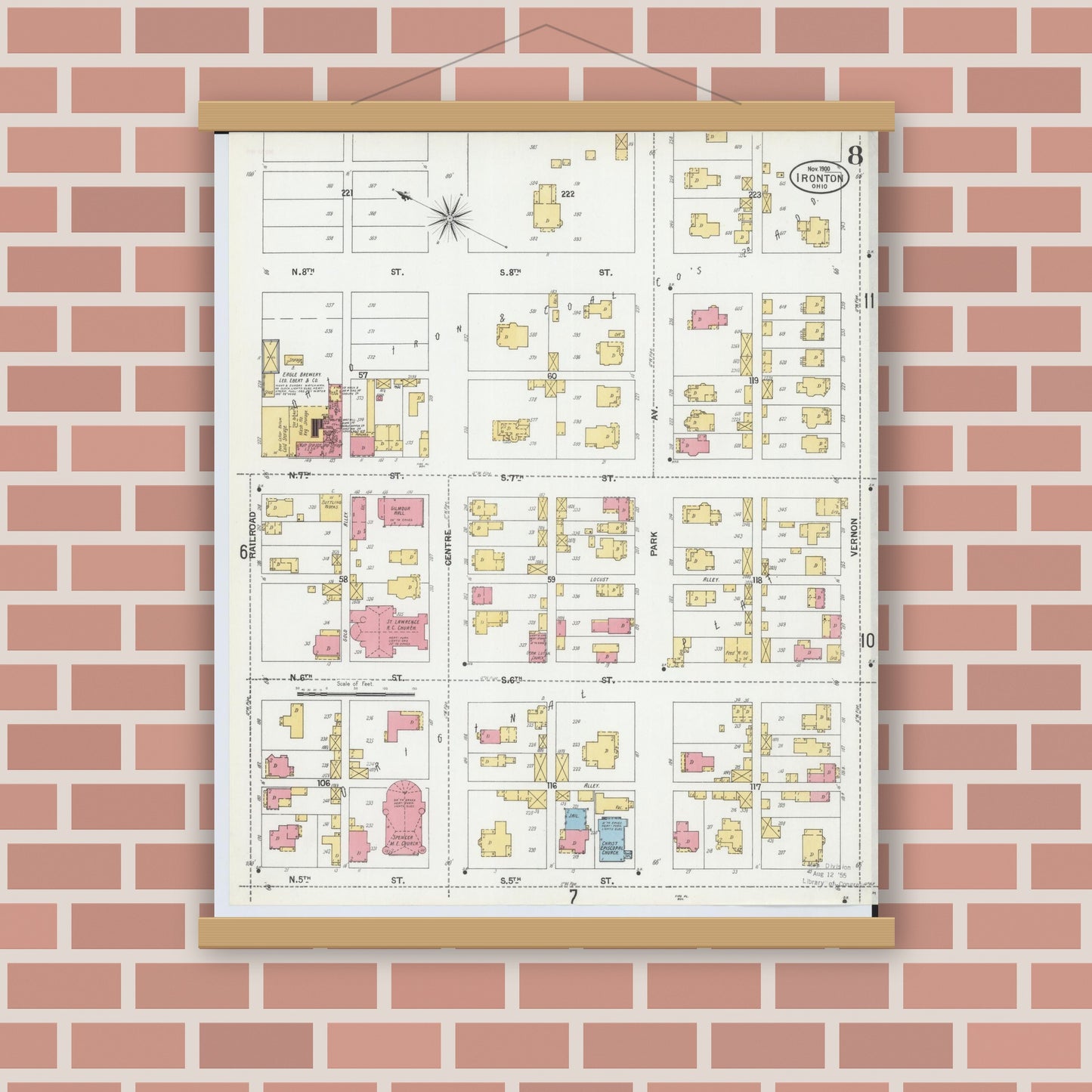 Old map wall art mockup — magnetic wood frame on brick wall — Sanborn Fire Insurance Map from Ironton, Lawrence County, Ohio (1900), Sheet #0008