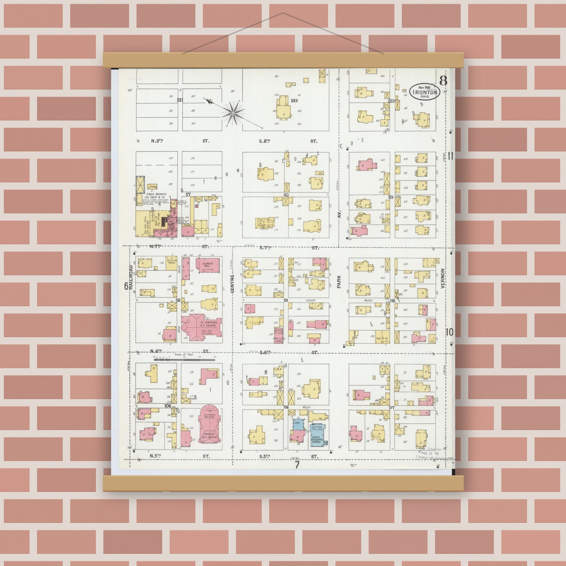 Old map wall art mockup — magnetic wood frame on brick wall — Sanborn Fire Insurance Map from Ironton, Lawrence County, Ohio (1900), Sheet #0008
