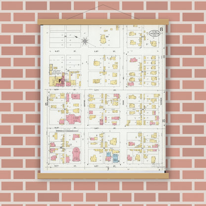 Old map wall art mockup — magnetic wood frame on brick wall — Sanborn Fire Insurance Map from Ironton, Lawrence County, Ohio (1900), Sheet #0008