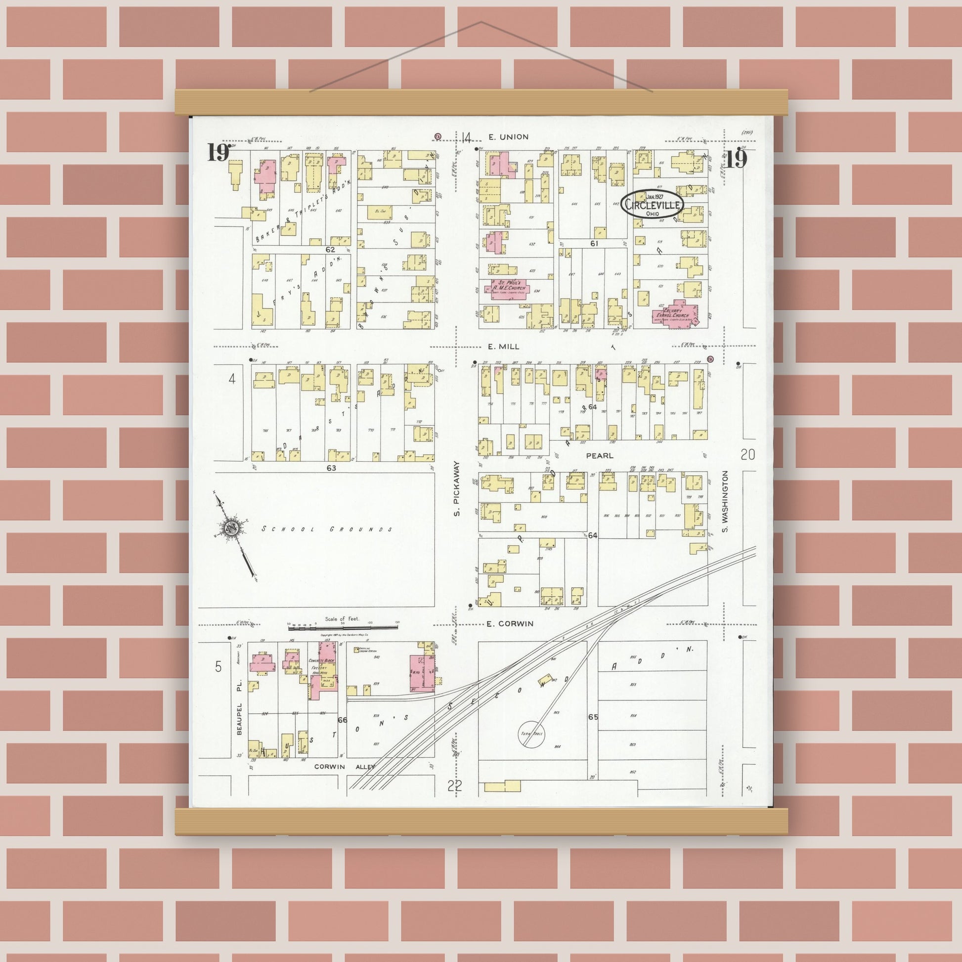 Old map wall art mockup — magnetic wood frame on brick wall — Sanborn Fire Insurance Map from Circleville, Pickaway County, Ohio (1927), Sheet #0019