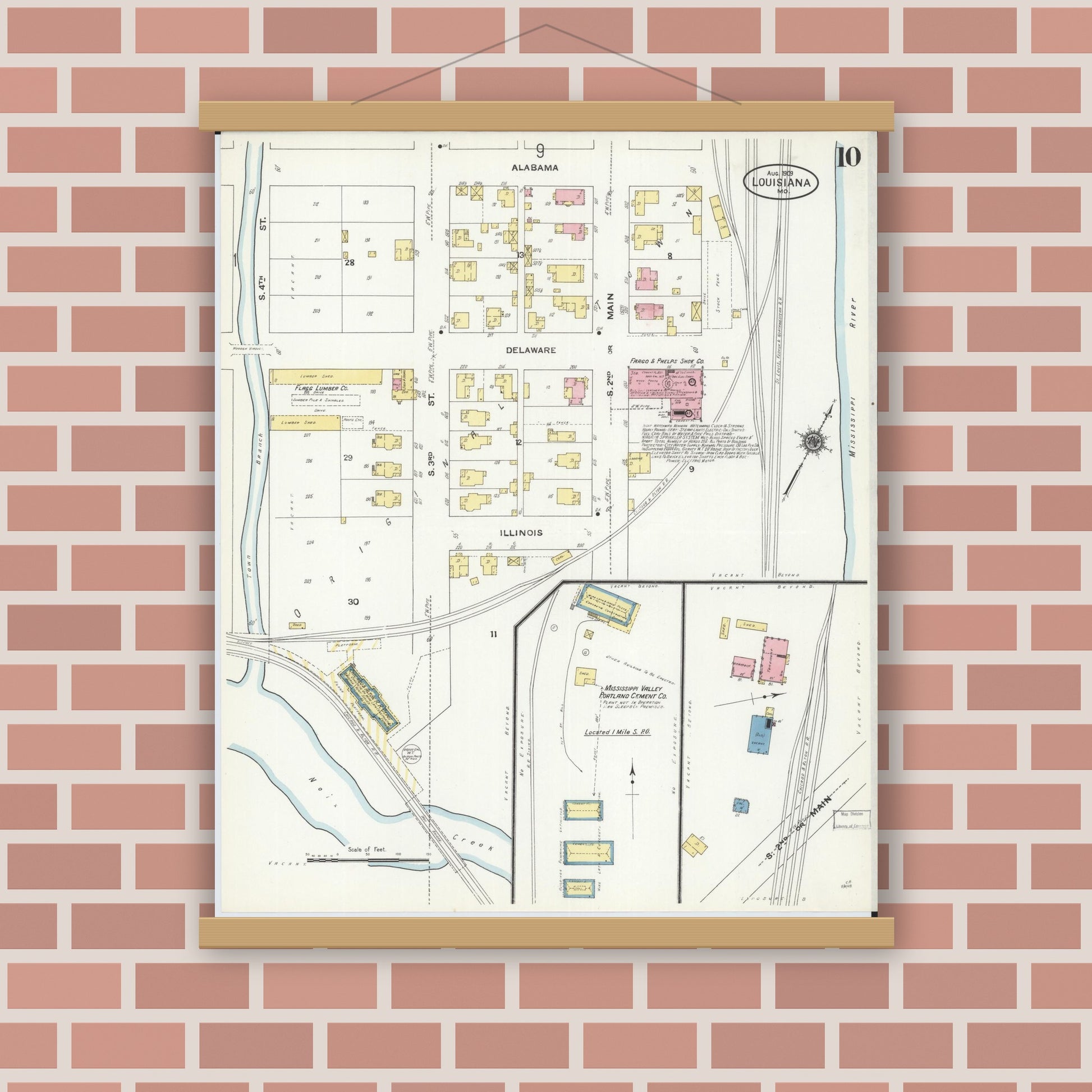 Old map wall art mockup — magnetic wood frame on brick wall — Sanborn Fire Insurance Map from Louisiana, Pike County, Missouri (1909), Sheet #0010