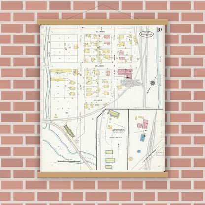 Old map wall art mockup — magnetic wood frame on brick wall — Sanborn Fire Insurance Map from Louisiana, Pike County, Missouri (1909), Sheet #0010