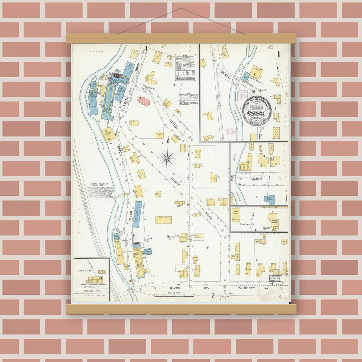 Old map wall art mockup — magnetic wood frame on brick wall — Sanborn Fire Insurance Map from Hinsdale, Berkshire County, Massachusetts (1905), Sheet #0001