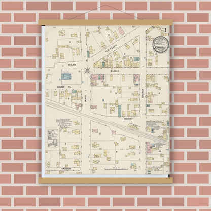 Old map wall art mockup — magnetic wood frame on brick wall — Sanborn Fire Insurance Map from North Amherst, Lorain County, Ohio (1888) - Complete Map Set