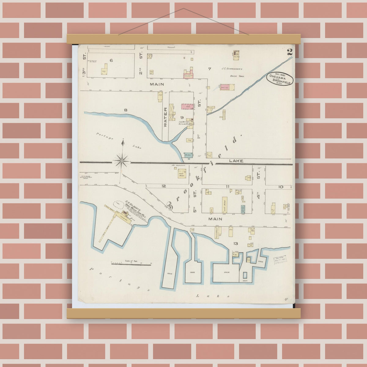 Old map wall art mockup — magnetic wood frame on brick wall — Sanborn Fire Insurance Map from Onekama, Manistee County, Michigan (1885), Sheet #0002