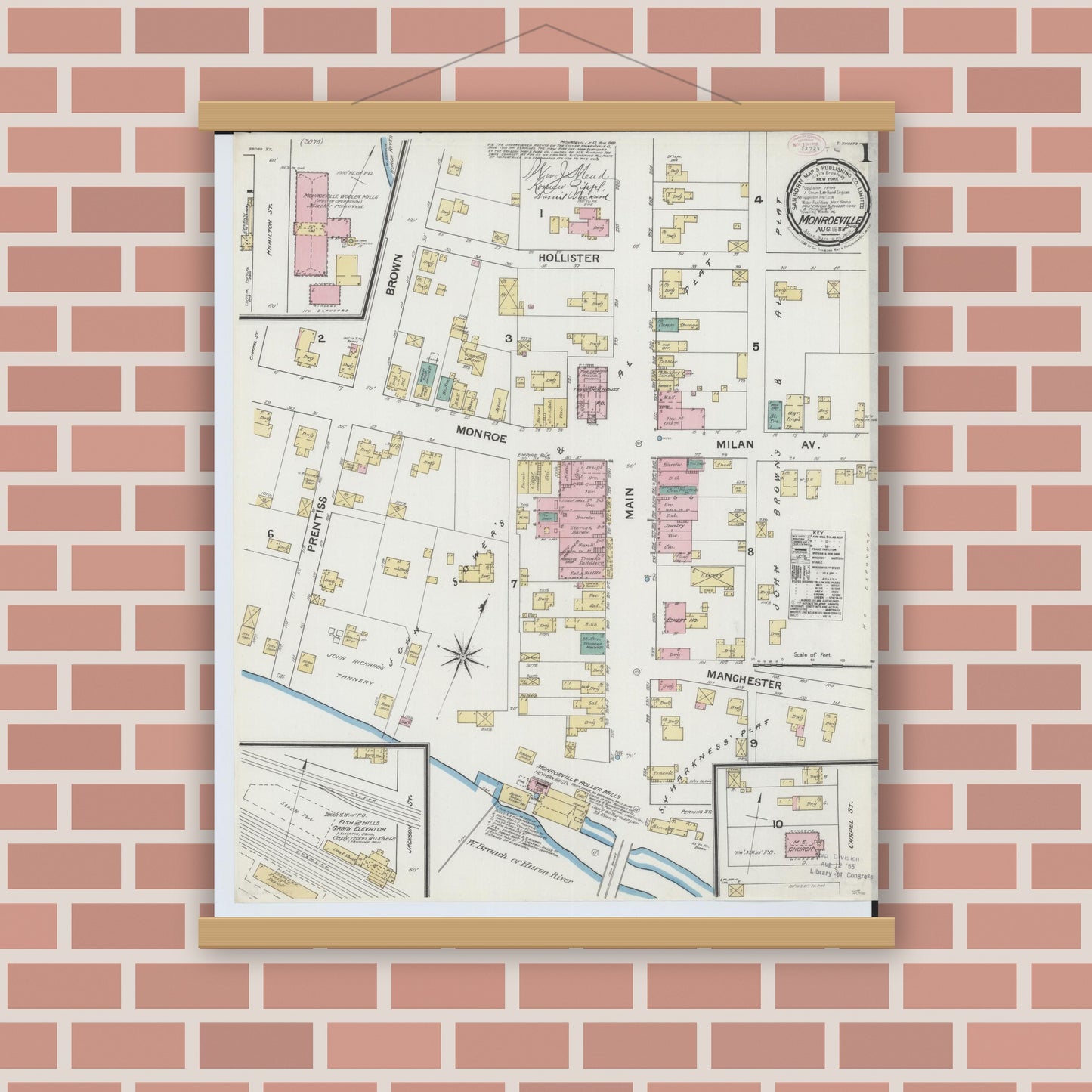 Old map wall art mockup — magnetic wood frame on brick wall — Sanborn Fire Insurance Map from Monroeville, Huron County, Ohio (1888) - Complete Map Set