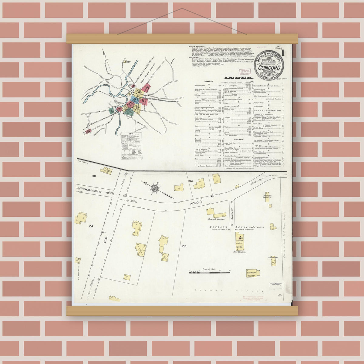 Old map wall art mockup — magnetic wood frame on brick wall — Sanborn Fire Insurance Map from Concord, Middlesex County, Massachusetts (1909) - Complete Map Set