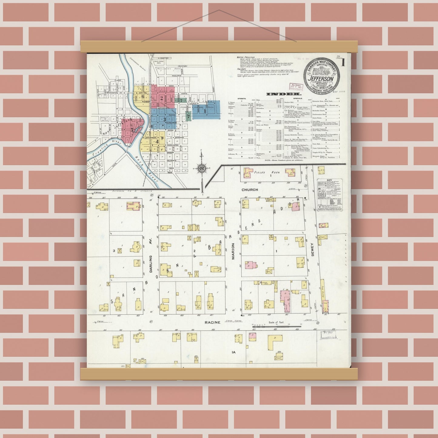 Old map wall art mockup — magnetic wood frame on brick wall — Sanborn Fire Insurance Map from Jefferson, Jefferson County, Wisconsin (1909), Sheet #0001