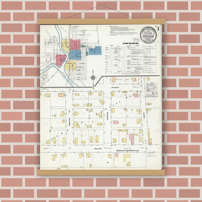 Old map wall art mockup — magnetic wood frame on brick wall — Sanborn Fire Insurance Map from Jefferson, Jefferson County, Wisconsin (1909), Sheet #0001