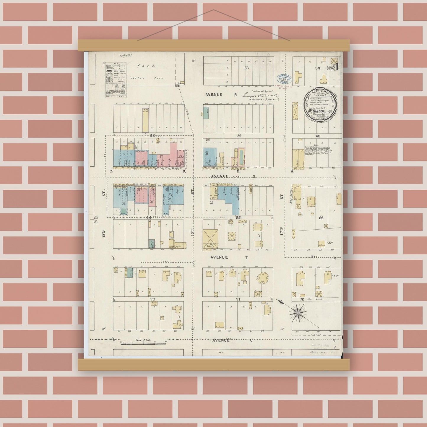 Old map wall art mockup — magnetic wood frame on brick wall — Sanborn Fire Insurance Map from McGregor, McLennan County, Texas (1894), Sheet #0001