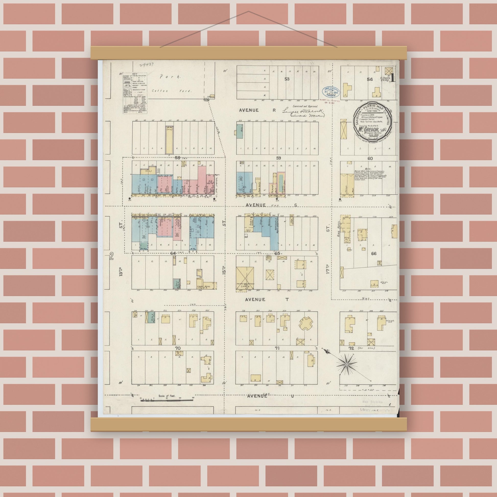 Old map wall art mockup — magnetic wood frame on brick wall — Sanborn Fire Insurance Map from McGregor, McLennan County, Texas (1894), Sheet #0001