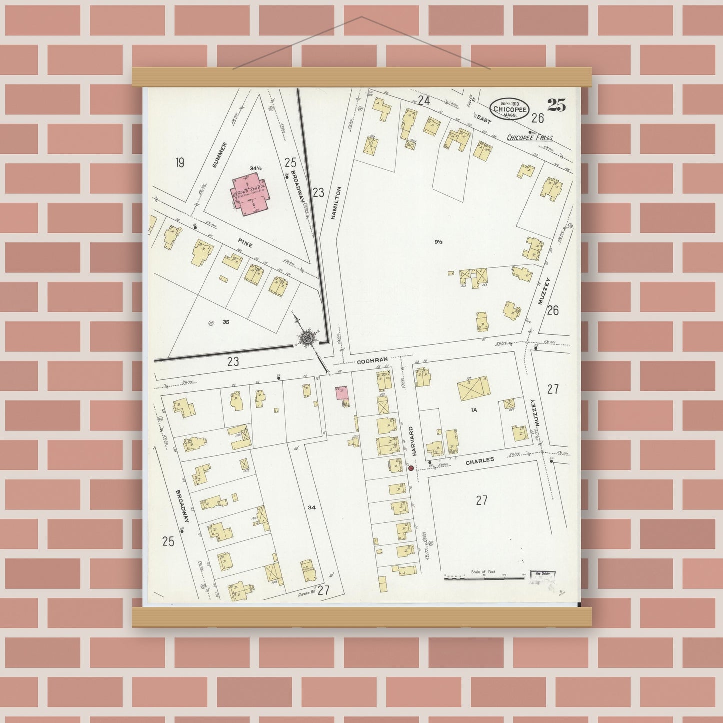 Old map wall art mockup — magnetic wood frame on brick wall — Sanborn Fire Insurance Map from Chicopee, Hampden County, Massachusetts (1910), Sheet #0025