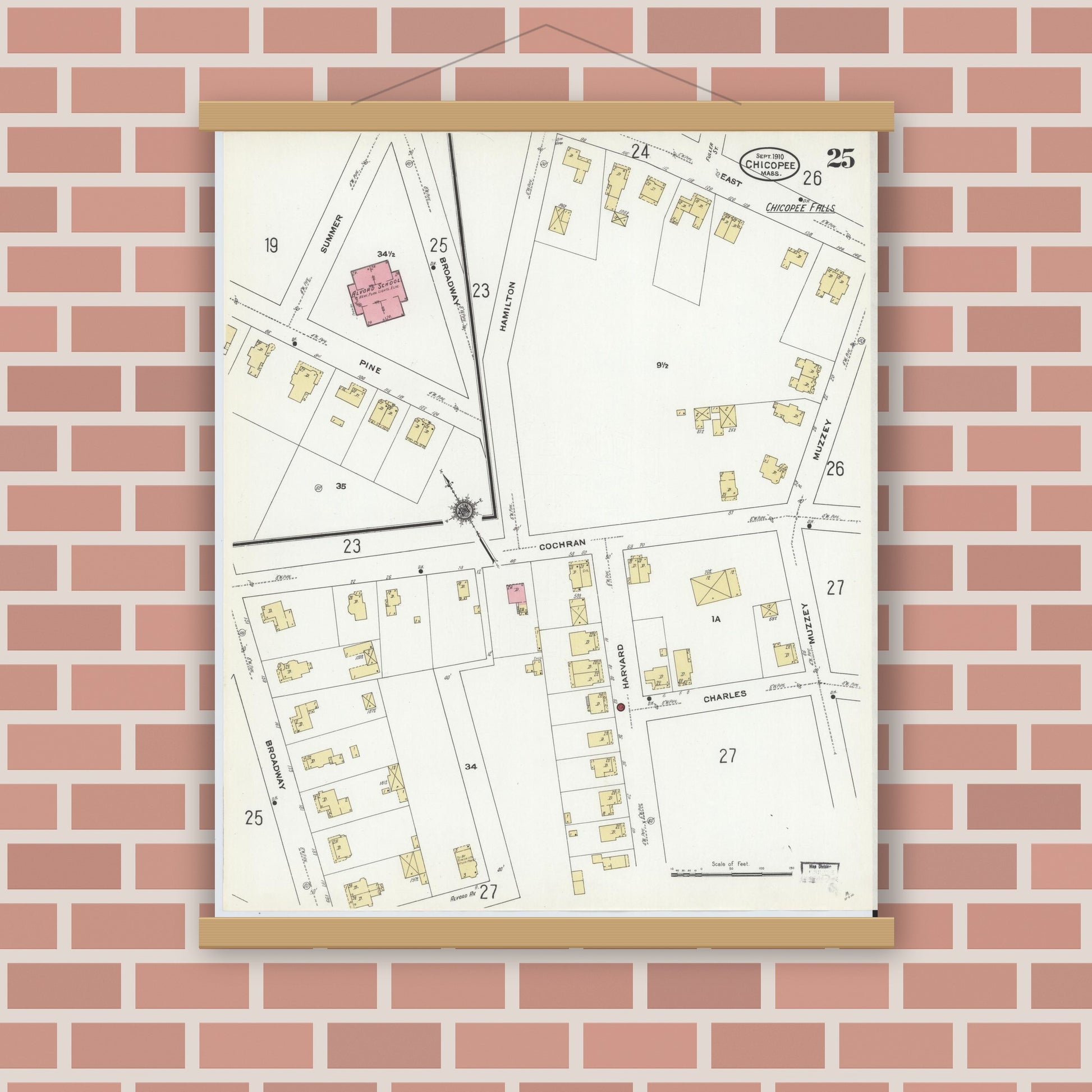 Old map wall art mockup — magnetic wood frame on brick wall — Sanborn Fire Insurance Map from Chicopee, Hampden County, Massachusetts (1910), Sheet #0025