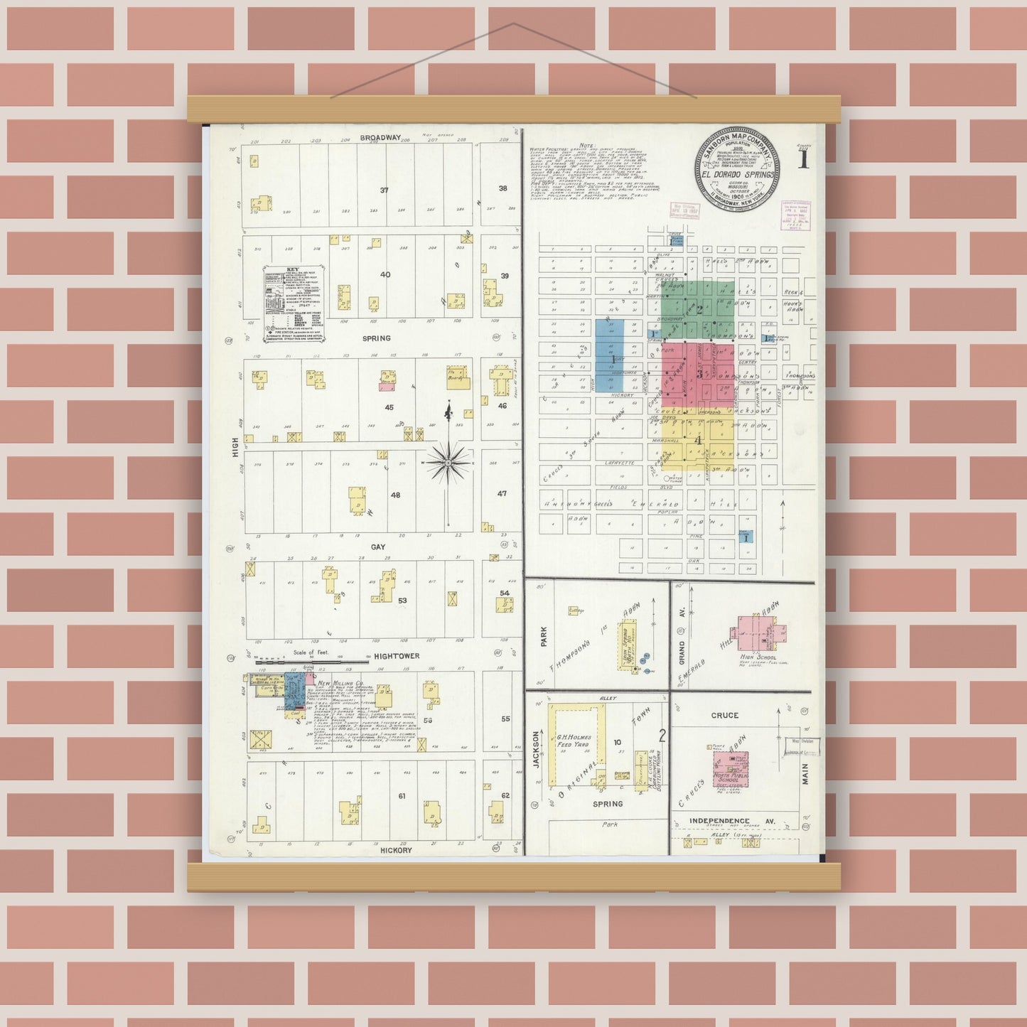 Old map wall art mockup — magnetic wood frame on brick wall — Sanborn Fire Insurance Map from Eldorado Springs, Cedar County, Missouri (1906) - Complete Map Set