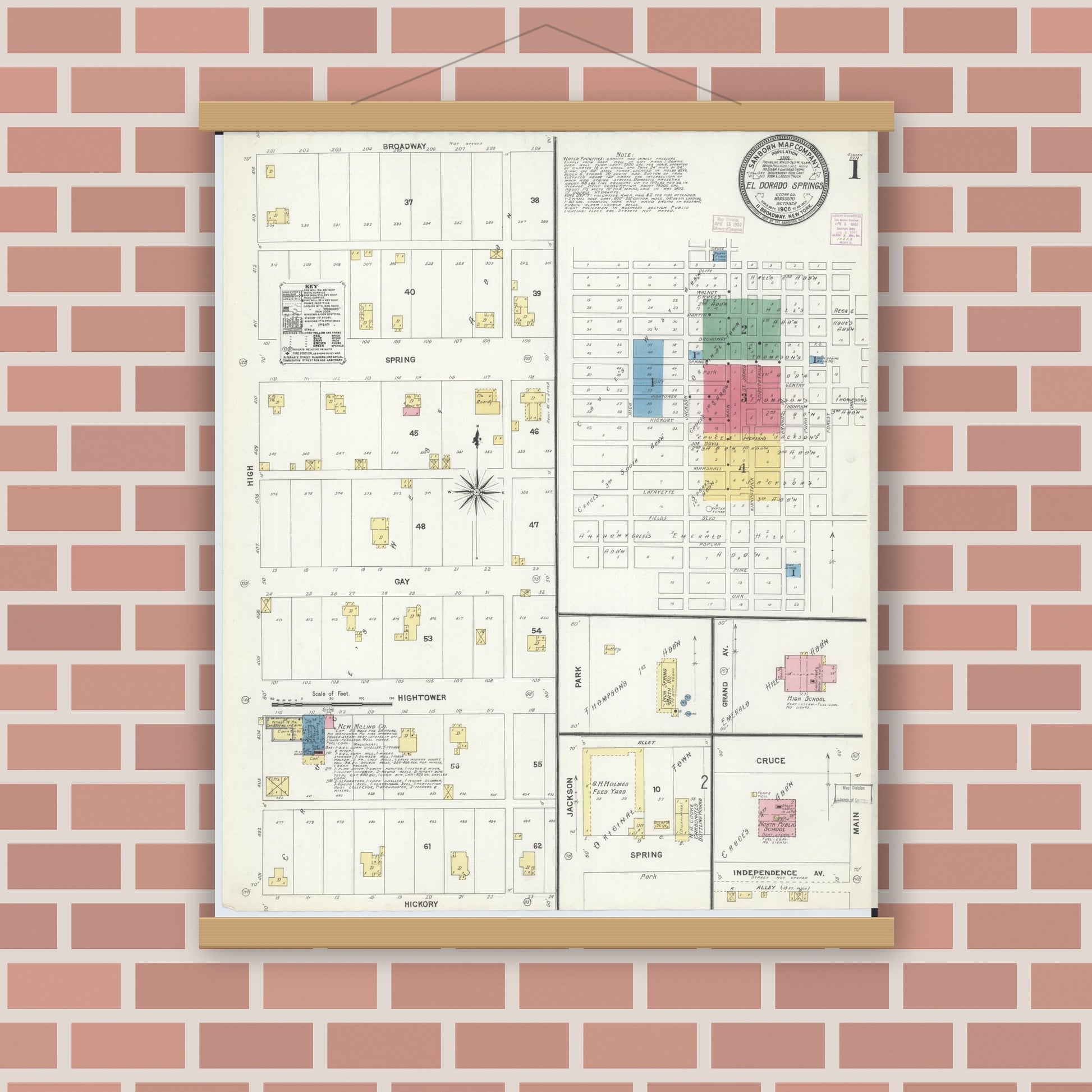 Old map wall art mockup — magnetic wood frame on brick wall — Sanborn Fire Insurance Map from Eldorado Springs, Cedar County, Missouri (1906) - Complete Map Set