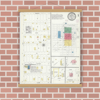 Old map wall art mockup — magnetic wood frame on brick wall — Sanborn Fire Insurance Map from Eldorado Springs, Cedar County, Missouri (1906) - Complete Map Set