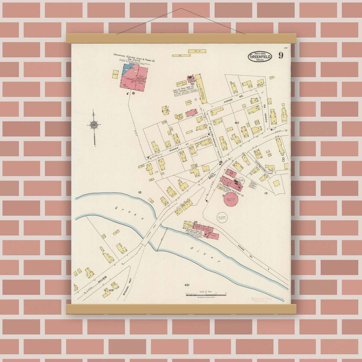 Old map wall art mockup — magnetic wood frame on brick wall — Sanborn Fire Insurance Map from Greenfield, Franklin County, Massachusetts (1922), Sheet #0009