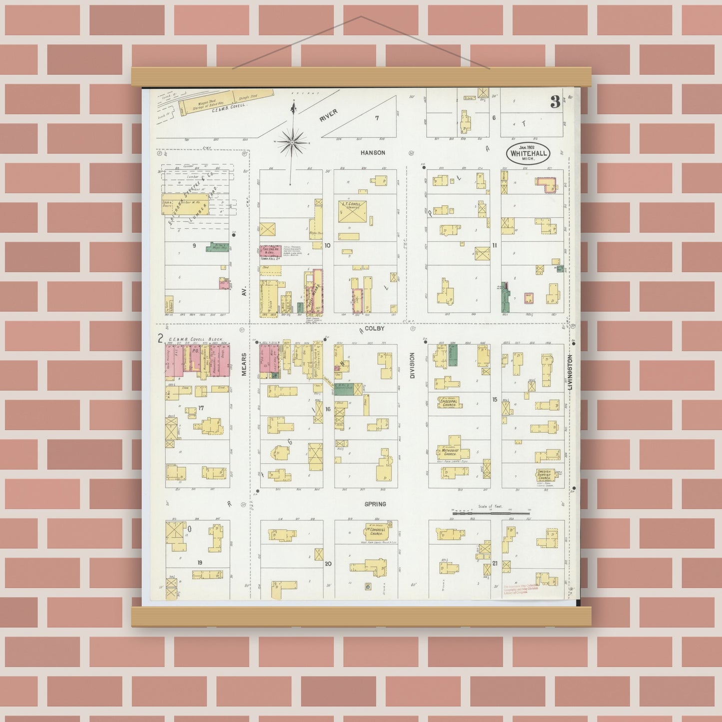 Old map wall art mockup — magnetic wood frame on brick wall — Sanborn Fire Insurance Map from Whitehall, Muskegon County, Michigan (1902), Sheet #0003