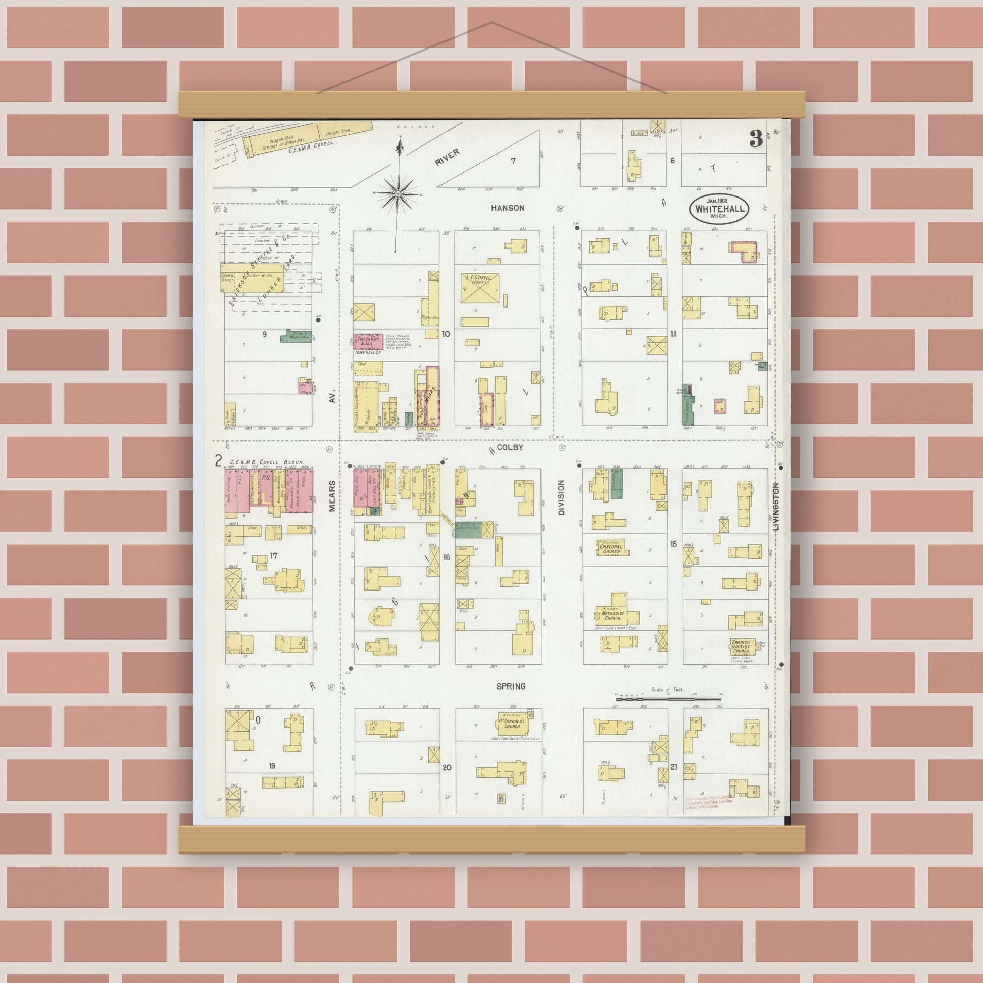 Old map wall art mockup — magnetic wood frame on brick wall — Sanborn Fire Insurance Map from Whitehall, Muskegon County, Michigan (1902), Sheet #0003