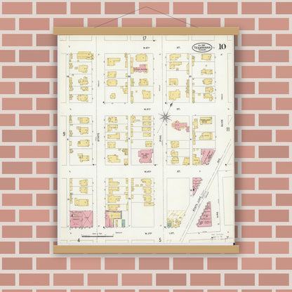 Old map wall art mockup — magnetic wood frame on brick wall — Sanborn Fire Insurance Map from Texarkana, Bowie County, Texas (1905), Sheet #0010