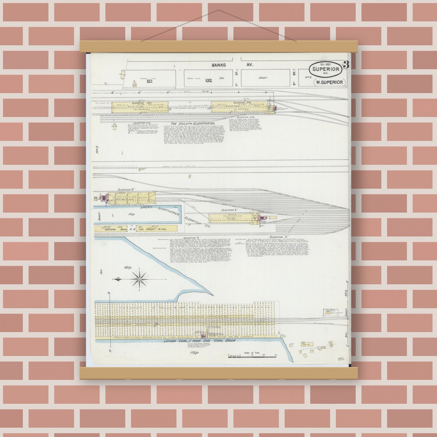 Old map wall art mockup — magnetic wood frame on brick wall — Sanborn Fire Insurance Map from Superior, Douglas County, Wisconsin (1889), Sheet #0003